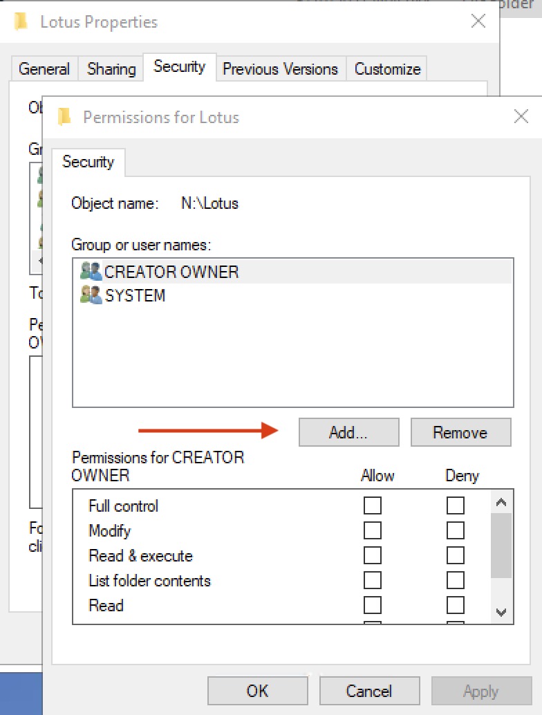 Permissions for Lotus Dialog