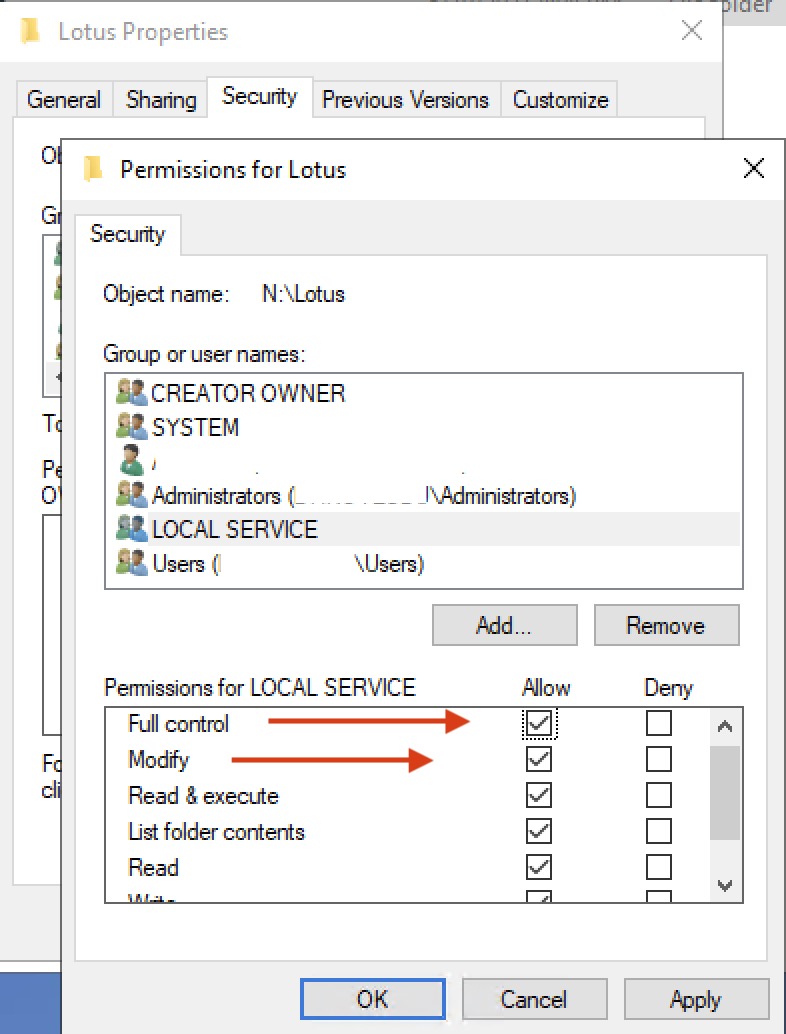 Permissions for Lotus - Full control and Modify